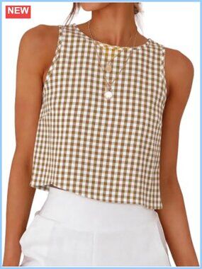 Cropped Tank Top Sleeveless High Neck Back Button Summer Blouse